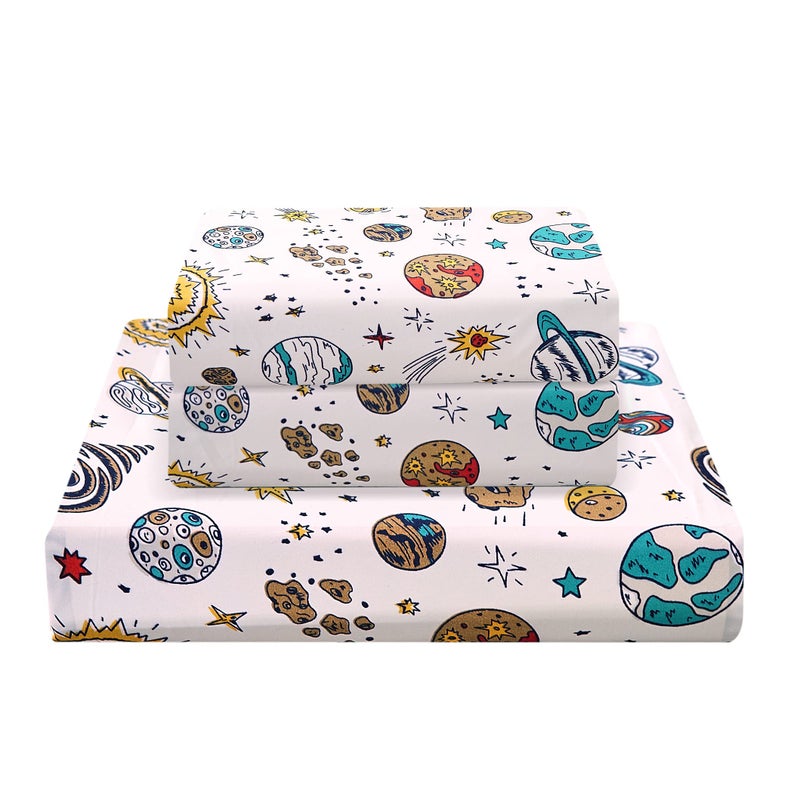 JSD مجموعة ملاءات أطفال كواكب جيس دي Universe بحجم كامل، 4 قطع بتصميم فضائي من الألياف الدقيقة بجيب عميق - Image 1